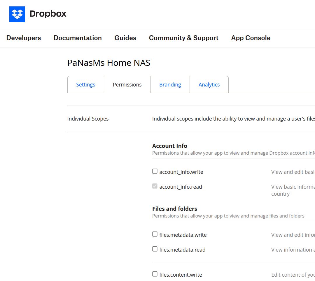 Dropbox Permissions tab showing the minimal account-linking setup with account_info.read selected