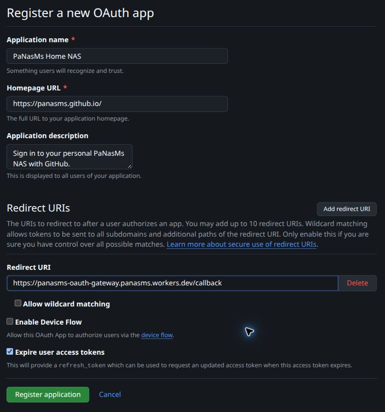 GitHub OAuth App registration with an example name, project homepage and exact PaNasMs callback URI; wildcard matching and Device Flow are off