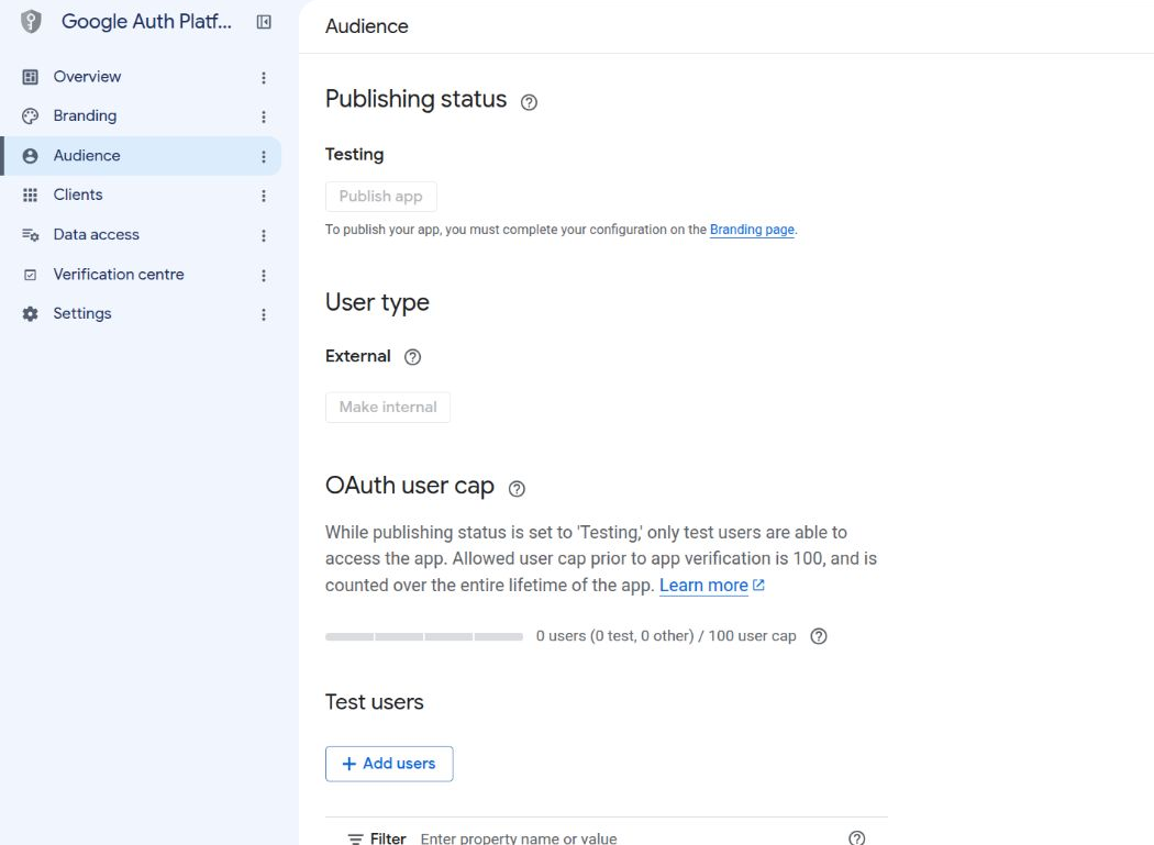 Audience page showing External, Testing and the Add users button
