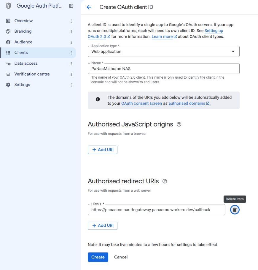 Web application client form with an empty JavaScript origins list and the PaNasMs callback