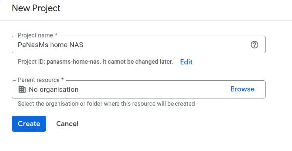 New Google project form with an example name and no organisation