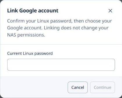 Link Google account dialog asking for the current Linux password