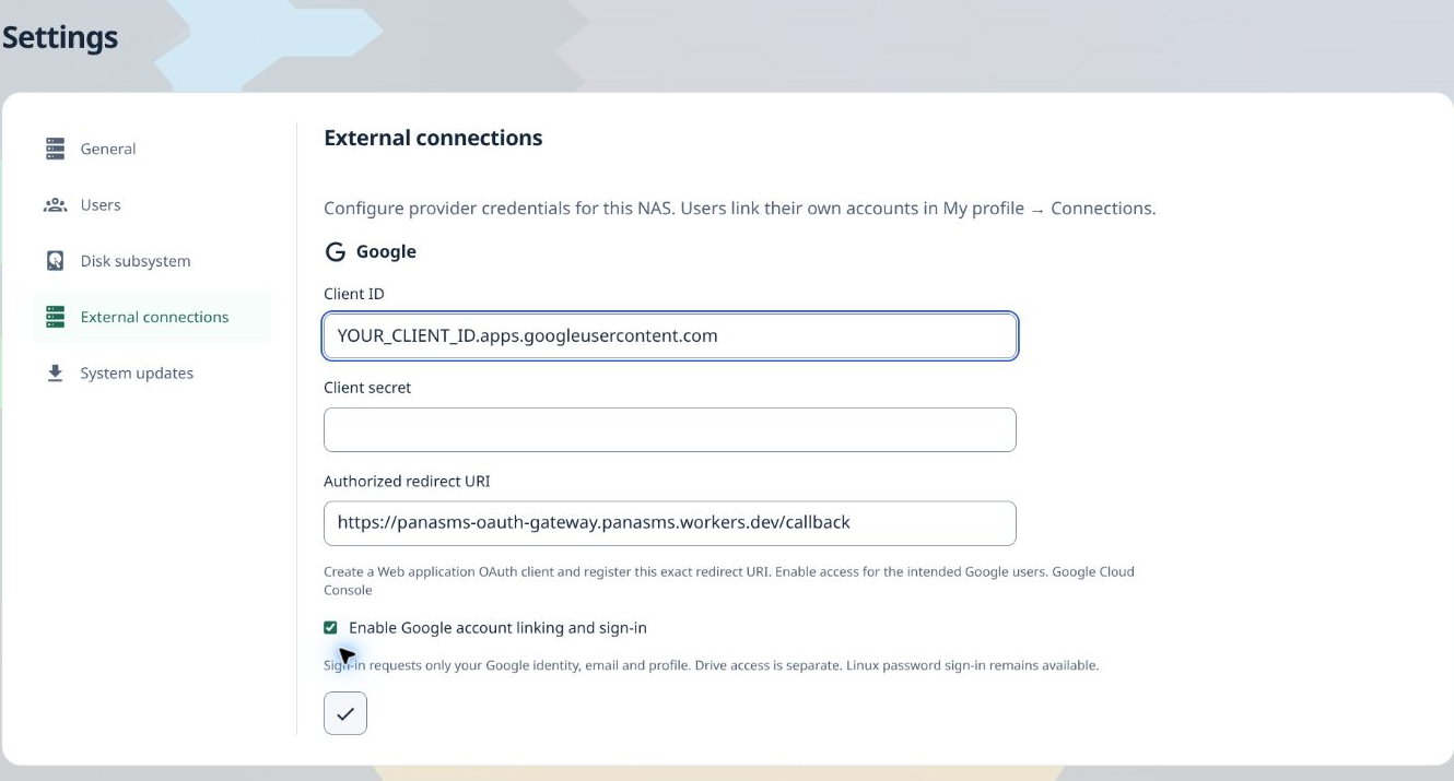 PaNasMs External connections settings with example Client ID, empty secret field and Apply checkmark