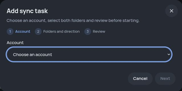 Cloud Sync · start a new synchronization task · Dark