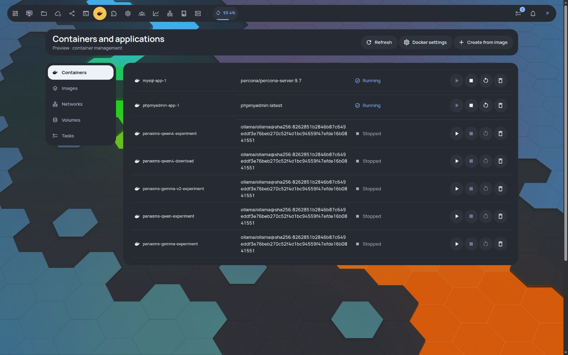 Containers and applications · a database and phpMyAdmin running on the NAS · Dark