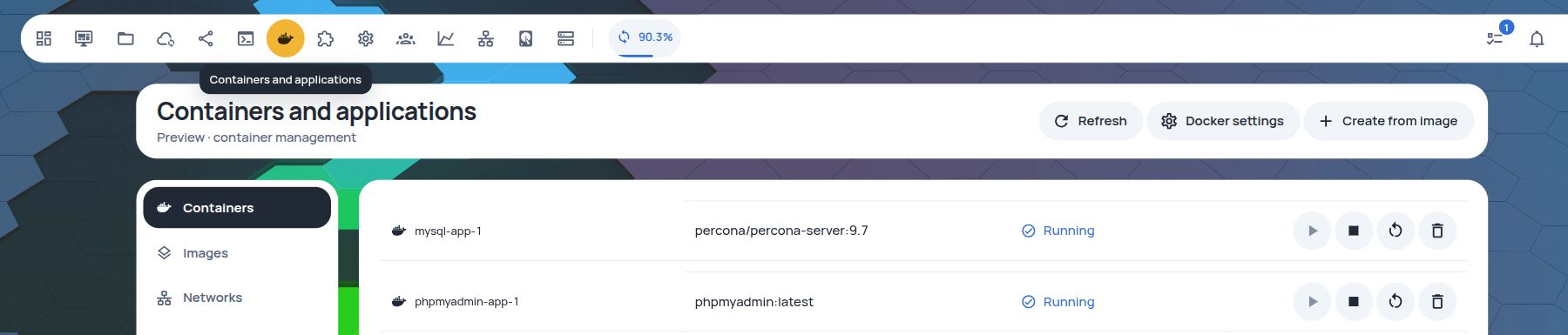 Containers and applications · a database and phpMyAdmin running on the NAS · Light