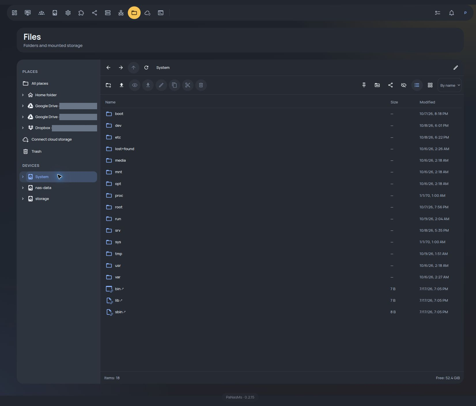 Files · full folder tree with local storage, Google Drive and Dropbox · Dark