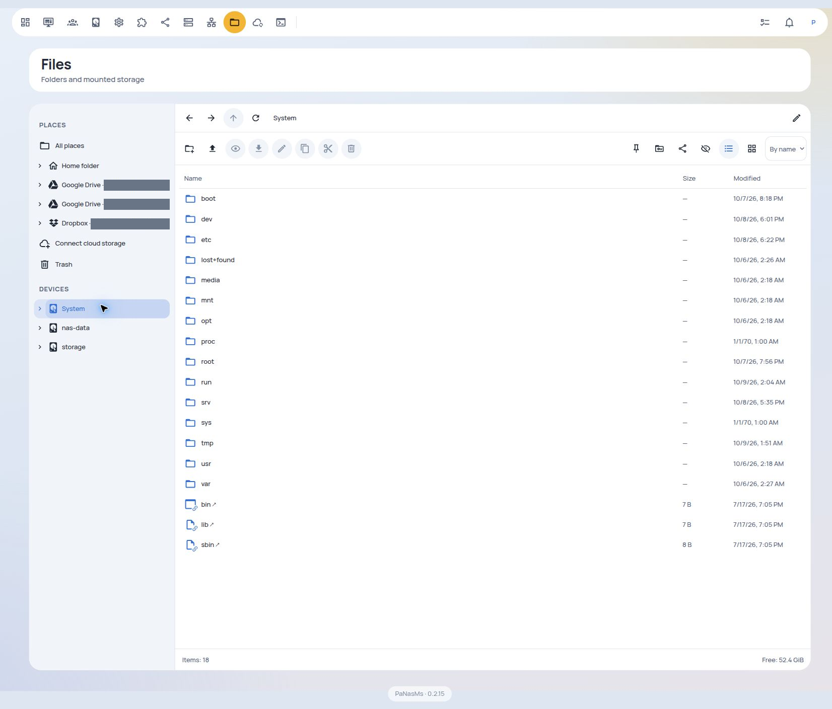 Files · full folder tree with local storage, Google Drive and Dropbox · Light