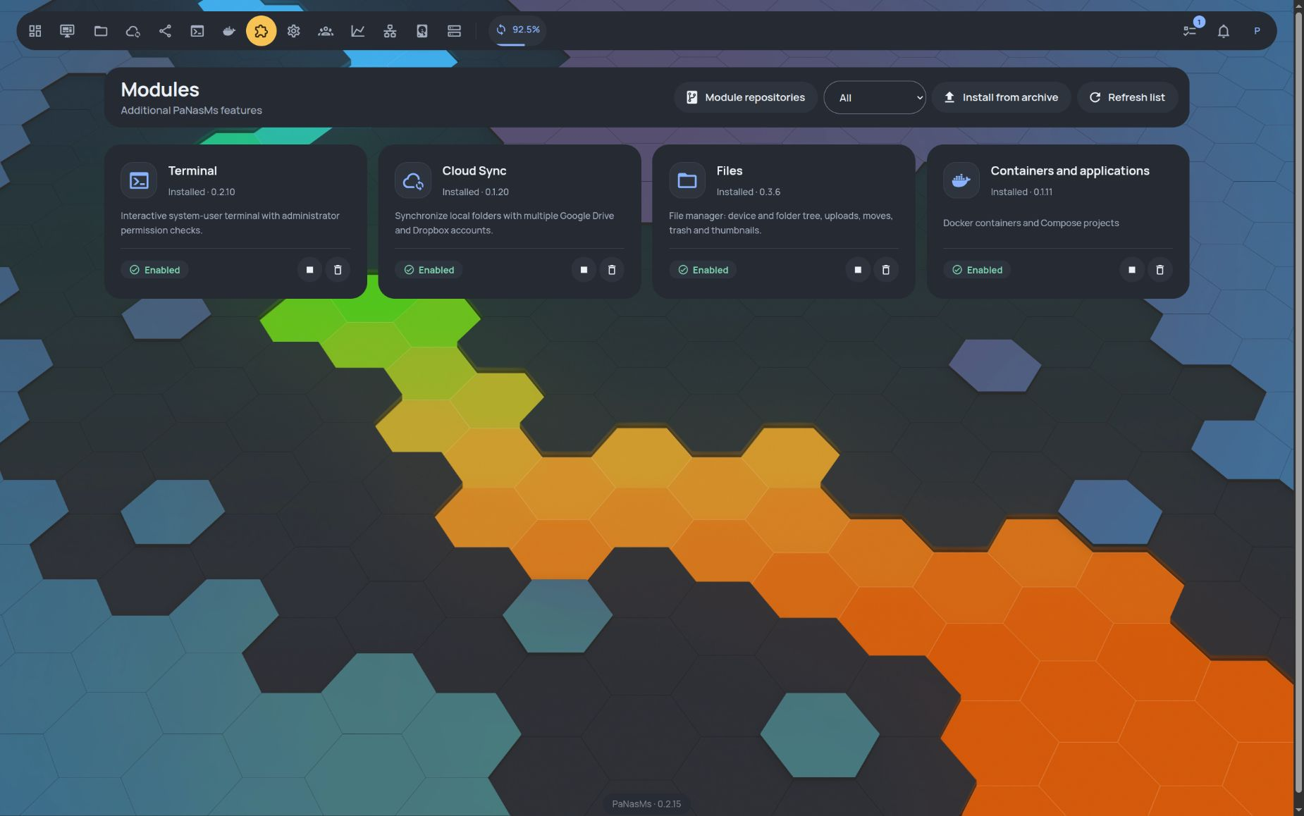 Modules · installed apps and their status · Dark