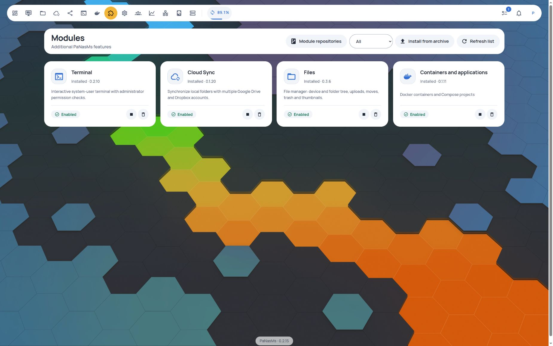 Modules · installed apps and their status · Light