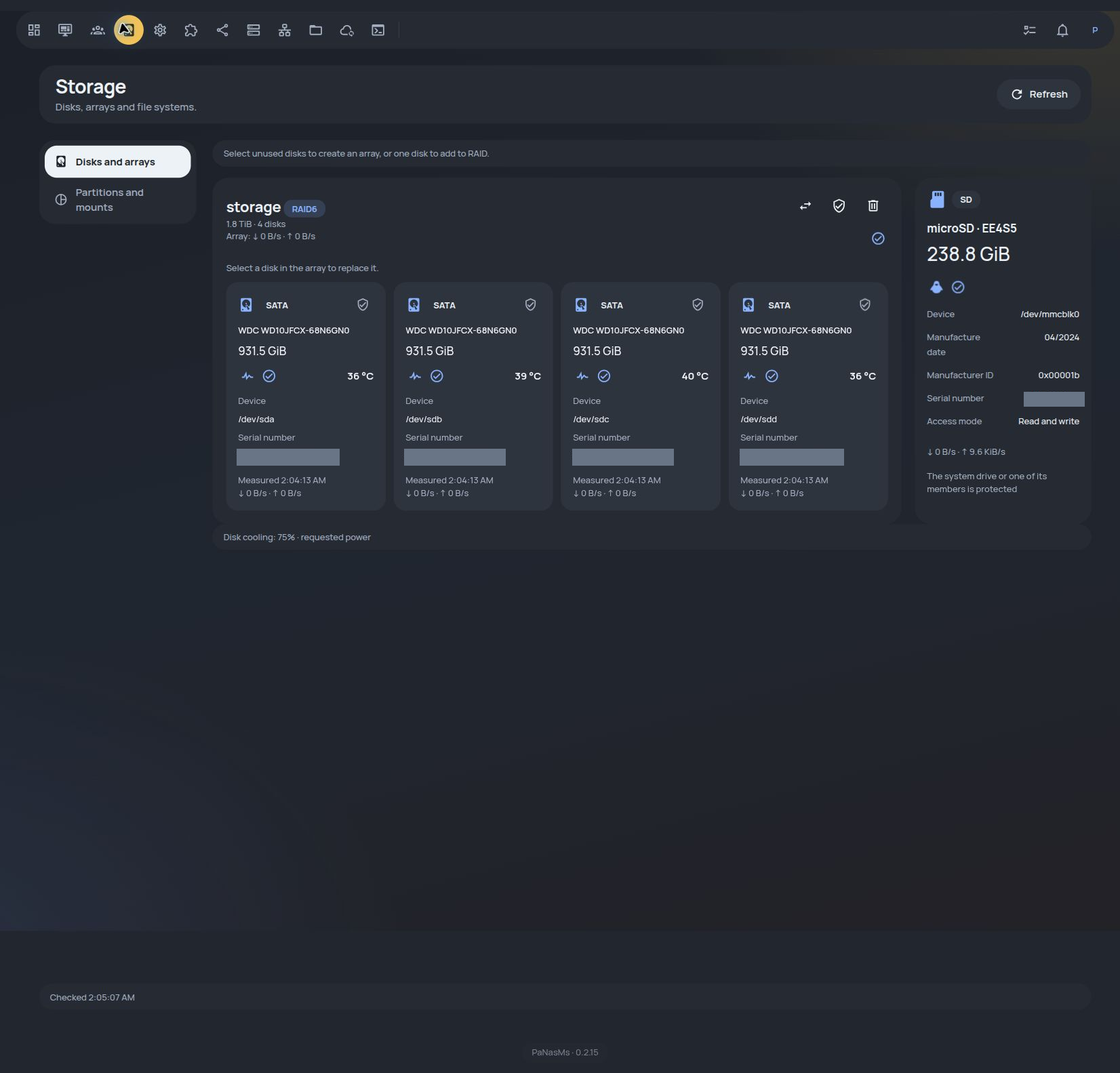 Storage · physical disks and the four-drive RAID6 array · Dark