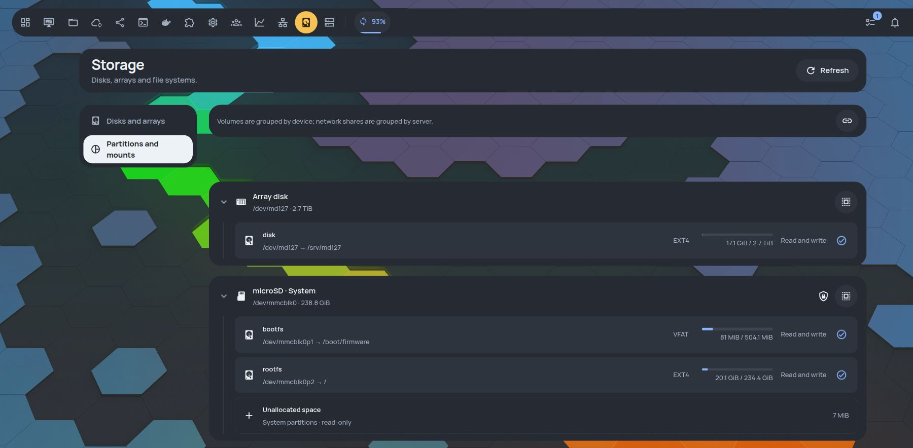Storage · local volumes grouped by device · Dark