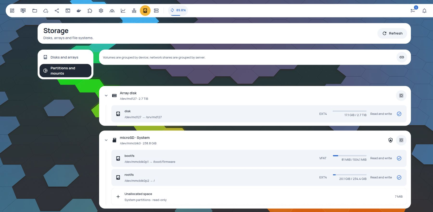Storage · local volumes grouped by device · Light