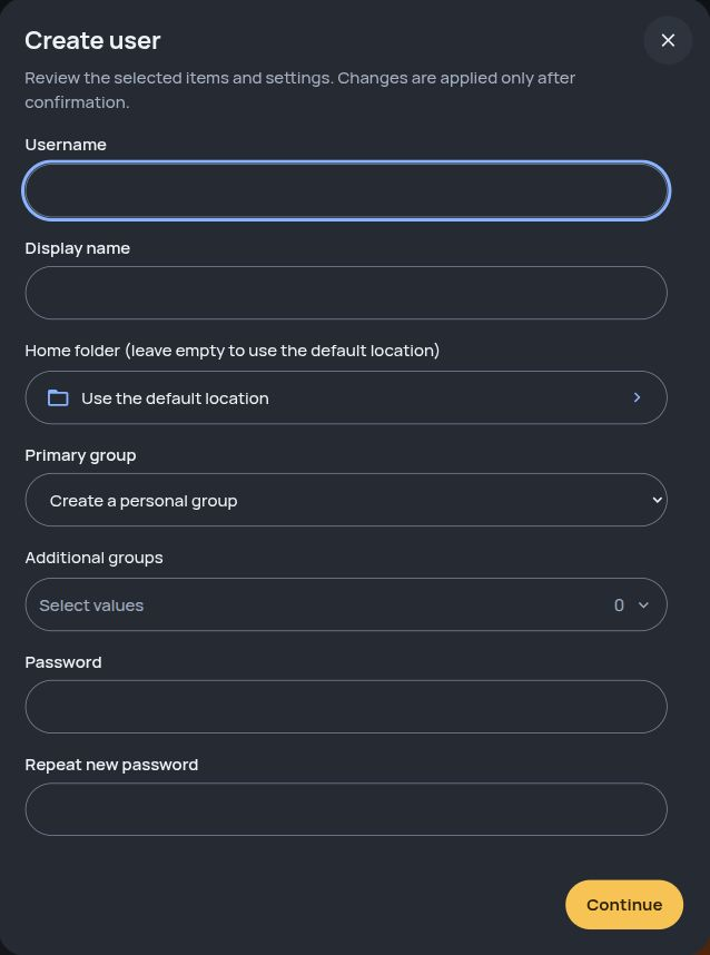 Users and groups · create-user form · Dark