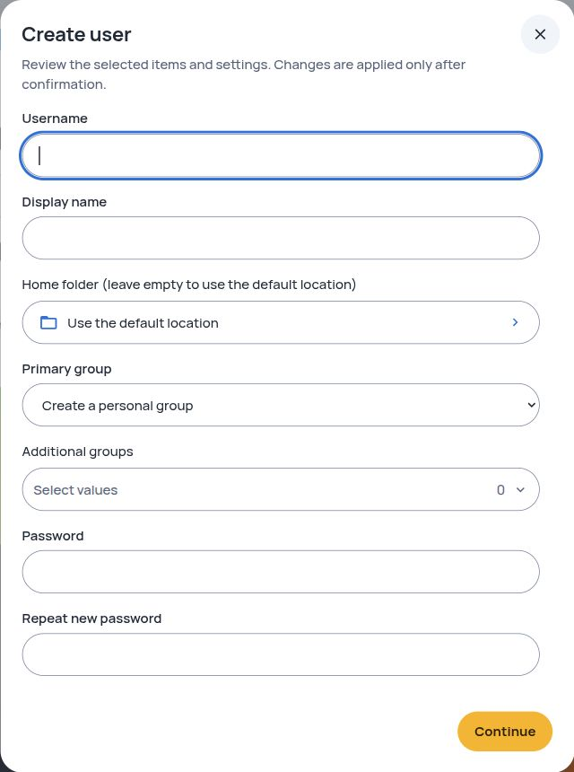 Users and groups · create-user form · Light